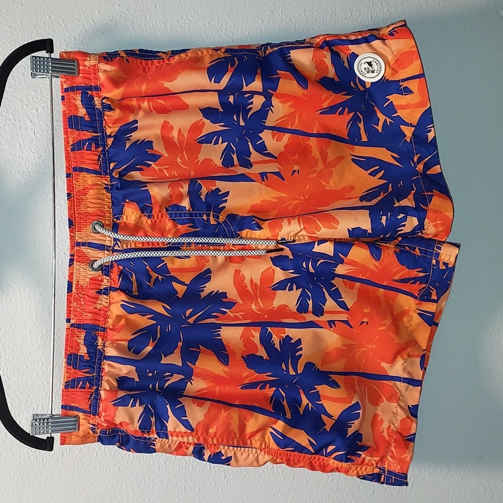 Surfcuz Orange Blue Tropical Palm Tree UPF 50+ Swim Trunks Shorts Size Medium
